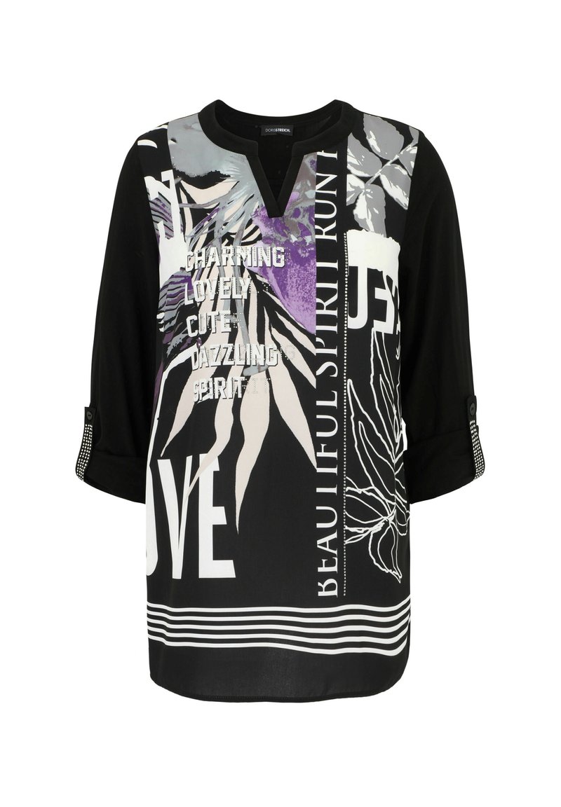 Schwarze Bluse mit langen Ärmeln, V-Ausschnitt, verziert mit abstrakten Blumen- und Textmustern in Lila, Weiß und Silber. Akzentuiert mit dekorativen Knopfdetails.
