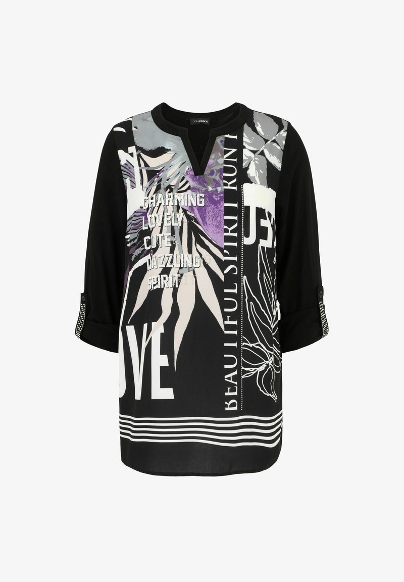 Schwarze Bluse mit langen Ärmeln, V-Ausschnitt, verziert mit abstrakten Blumen- und Textmustern in Lila, Weiß und Silber. Akzentuiert mit dekorativen Knopfdetails.