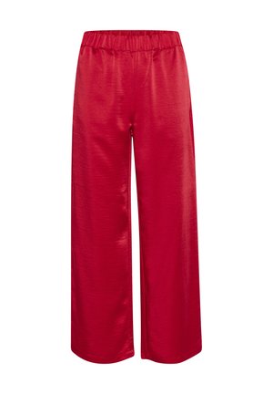 Pantalones anchos rojos hechos de una tela suave y brillante. Cuentan con una cinturilla elástica para mayor comodidad y un ajuste suelto a lo largo de las piernas.