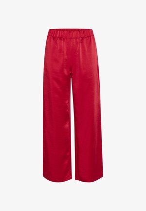 Red wide-leg trousers made of a smooth, shiny fabric. Features an elastic waistband for comfort and a loose fit throughout the legs.