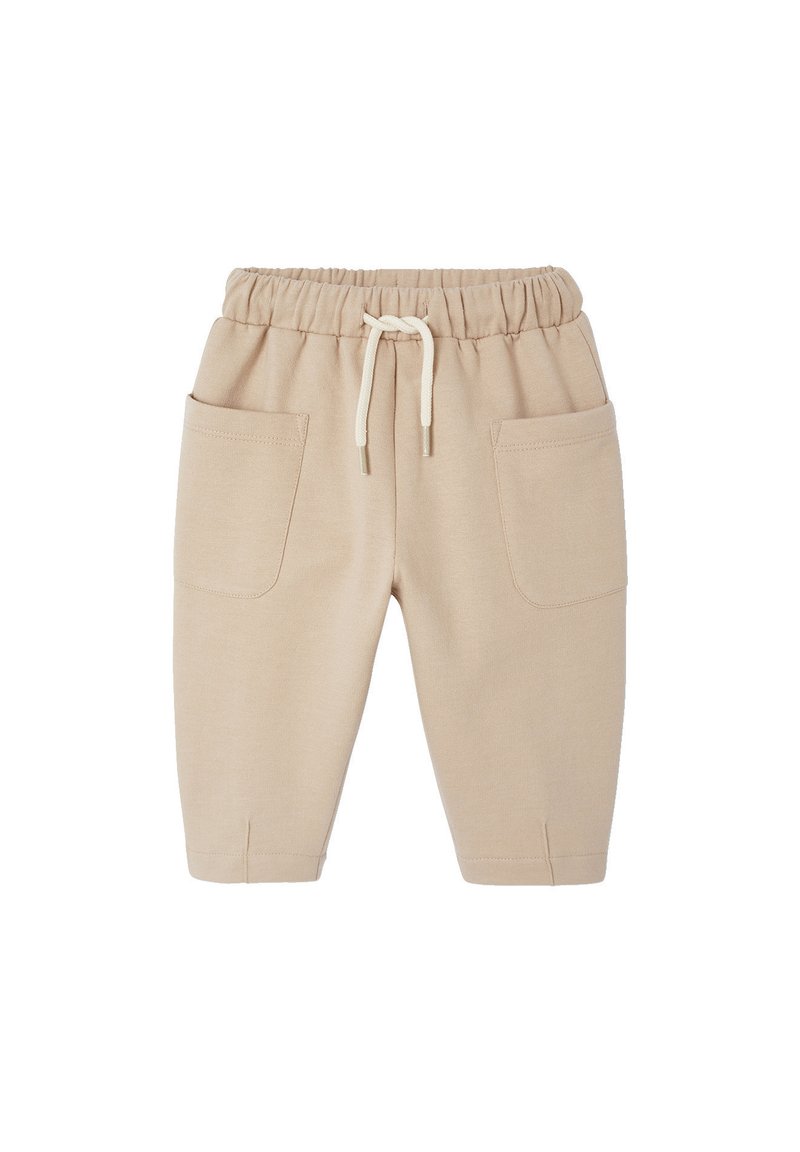 Beige Baumwoll-Sweatpants mit elastischem Bund, Kordelzug und zwei vorderen Taschen; schmal geschnitten und weicher Textur.