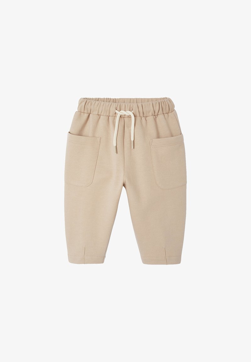 Beige Baumwoll-Sweatpants mit elastischem Bund, Kordelzug und zwei vorderen Taschen; schmal geschnitten und weicher Textur.