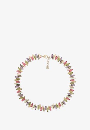 Meer kleurige kralenketting met rechthoekige segmenten in roze, paars, groen en iriserende kralen, bevestigd met een metalen sluiting.