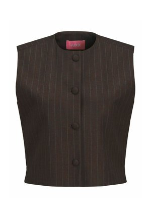 Gilet marron à rayures, sans manches, avec un col rond, des boutons sur le devant et une texture de tissu lisse.