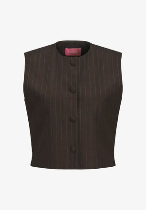 Brun randig väst med utan ärmar-design, som har en rund halslinning, framknappar och en slät tygtextur.