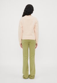 Felpa rosa chiaro con maniche lunghe e orlo a coste, abbinata a pantaloni larghi verde oliva realizzati in tessuto morbido. Design semplice e informale.