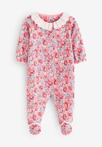 Blumiger Baby-Body mit langen Puffärmeln, rundem weißen Spitzenkragen und Füßchen-Design. Vorwiegend in Pink mit roten und blauen Blumen.