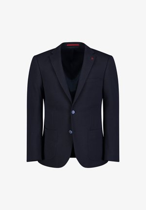 Blazer navy realizzato in tessuto testurizzato, con due bottoni, rever a taglio e due tasche frontali. Accento rosso all'interno del colletto.