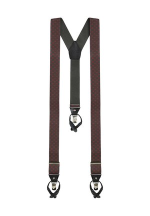 Tirantes de hombre con forma de Y en la espalda, con tela roja estampada y ribete de cuero negro, con clips metálicos y tirantes ajustables.