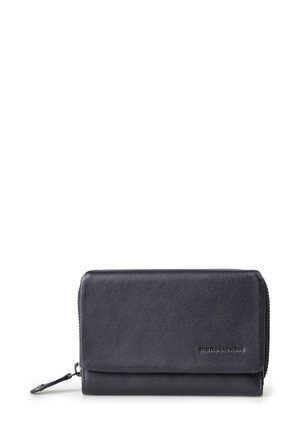 Portafoglio in pelle blu navy con texture liscia, chiusura con zip circonferenziali e logo impresso; presenta un design elegante e rettangolare.