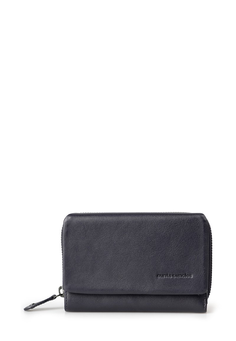 Portafoglio in pelle blu navy con texture liscia, chiusura con zip circonferenziali e logo impresso; presenta un design elegante e rettangolare.