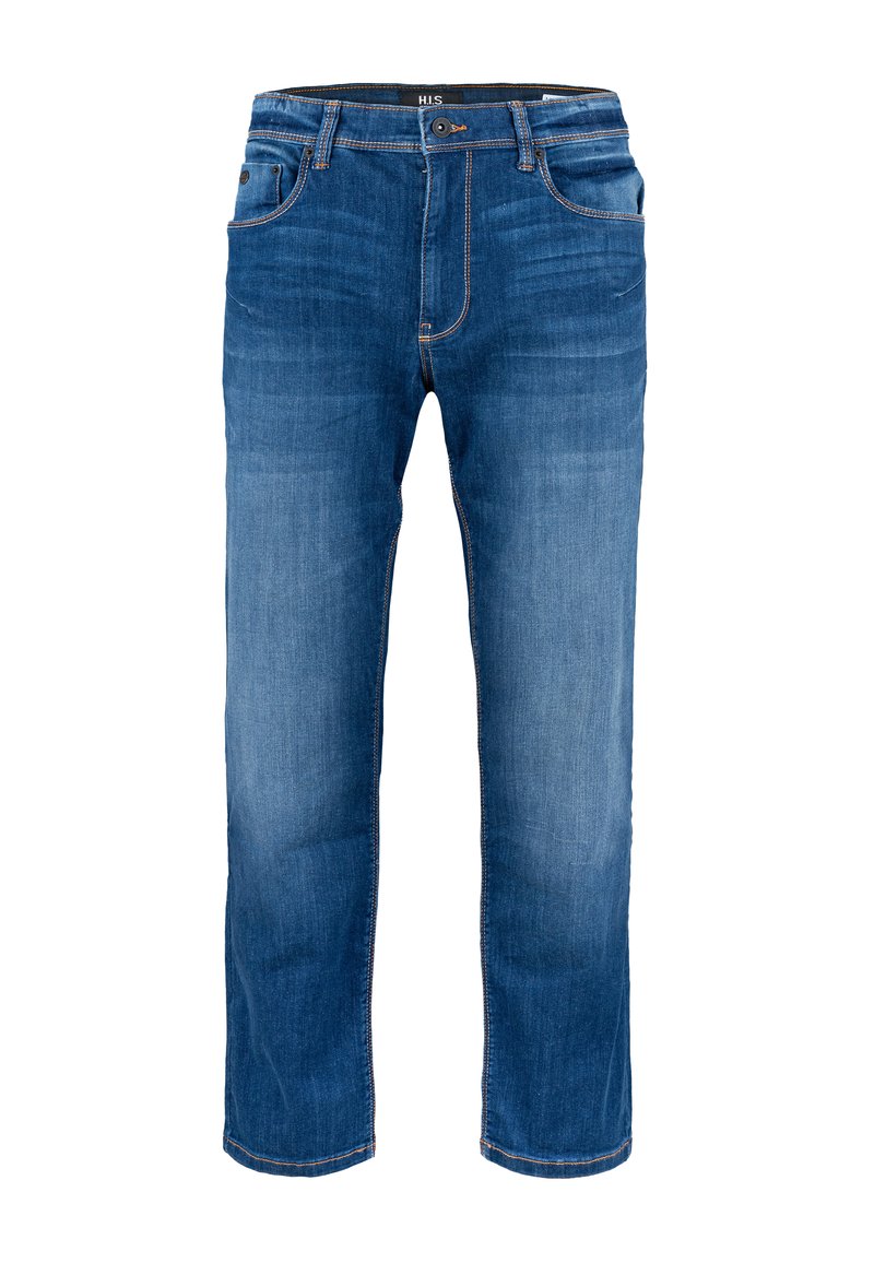 Jeans de mezclilla azul con un diseño de pierna recta, cinco bolsillos, detalles en costura naranja y cierre de botón y cremallera.