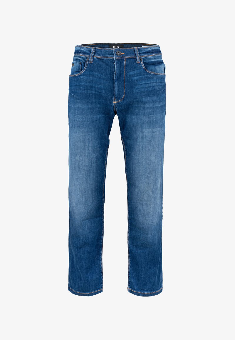 Jeans de mezclilla azul con un diseño de pierna recta, cinco bolsillos, detalles en costura naranja y cierre de botón y cremallera.