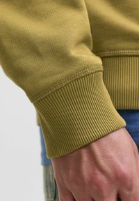 Polsino di felpa verde oliva realizzato in tessuto a coste. Presenta una superficie liscia, con una vestibilità aderente attorno al polso. Dettagli di cucitura ordinati visibili.