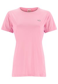 Kurzärmliges, sportliches T-Shirt in Hellrosa, aus weichem, feuchtigkeitsableitendem Material. Mit kleinem silbernen Logo auf der Brust.