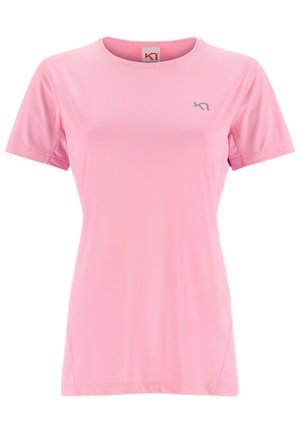 Kurzärmliges, sportliches T-Shirt in Hellrosa, aus weichem, feuchtigkeitsableitendem Material. Mit kleinem silbernen Logo auf der Brust.