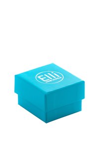 Boîte à bijoux en carton turquoise avec un couvercle, ornée d'un logo circulaire blanc et du texte "Elli we love jewels" sur le dessus. Texture lisse.