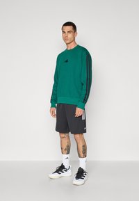 Grøn sweatshirt med sorte tre-stribede detaljer, grå shorts og sorte og hvide sneakers. Inkluderer Adidas-logo på brystet og shorts.