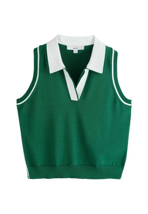 Groene mouwloze gebreide poloshirt met witte kraag en witte biezen bij de armsgaten en zijnaden.