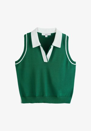 Groene mouwloze gebreide poloshirt met witte kraag en witte biezen bij de armsgaten en zijnaden.