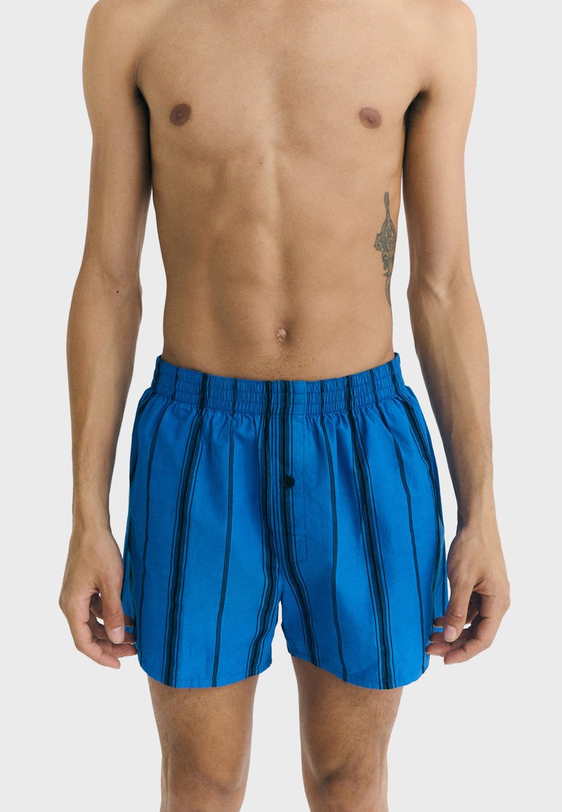 Blauwe zwembroek met zwarte verticale strepen, elastische tailleband en knoopsluiting. Gemaakt van lichte stof, met een relaxte pasvorm.