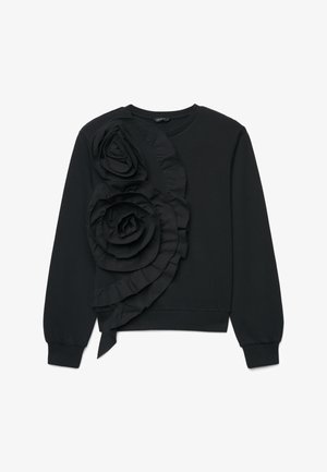 Sweat-shirt noir à manches longues avec une grande appliqué en tissu superposé en forme de rose sur le côté avant gauche.