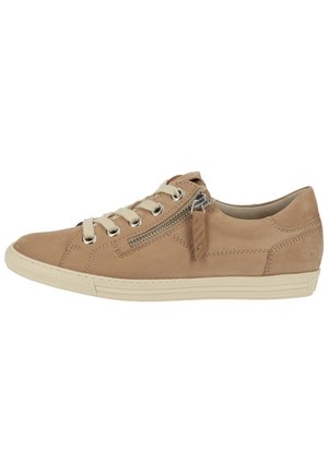 Tan leather sneaker with beige laces and a zip accent. Rounded toe, textured upper, and rubber sole with a contrasting beige edge.