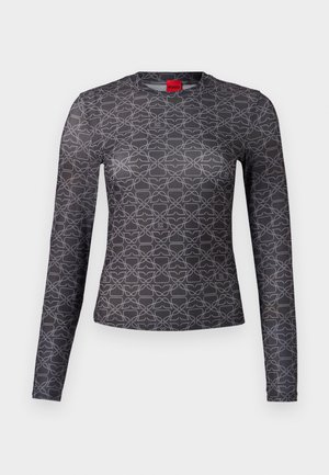Langärmliges Shirt in Schwarz und Grau mit einem geometrischen Muster. Verfügt über einen Rundhalsausschnitt und ein Logodetail auf der Vorder- und Rückseite. Weiche Textur.