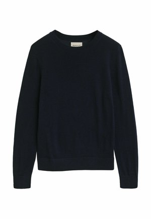 Pull à col ras du cou bleu marine en laine douce. Il dispose de manches longues, de bords-côtes aux poignets et à l'ourlet, et présente un design simple sans embellissements.