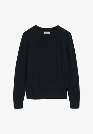 Marineblauwe crewneck trui van zacht wol. Heeft lange mouwen, geribbelde boorden en onderrand, en een eenvoudig ontwerp zonder versieringen.