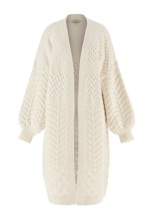 Lang geschnittener cremefarbener Strickcardigan mit strukturierten Rauten- und Chevron-Mustern, Ballonärmeln und gerippten Bündchen und Saum.