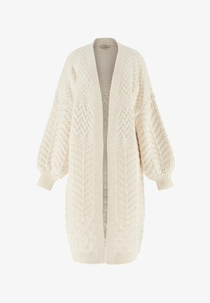 Lang geschnittener cremefarbener Strickcardigan mit strukturierten Rauten- und Chevron-Mustern, Ballonärmeln und gerippten Bündchen und Saum.