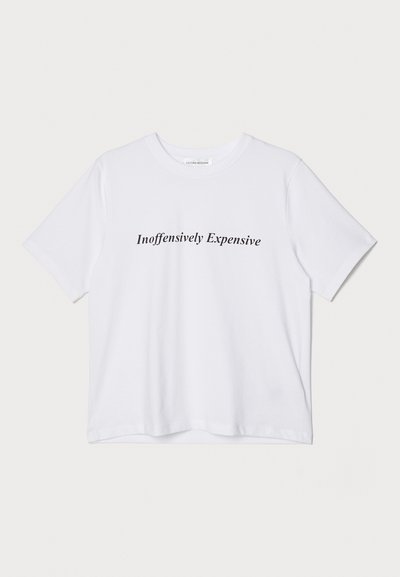 White cotton t-shirt featuring short sleeves and rounded collar. Black text reads "Inoffensively Expensive" across the front. Simple design.
