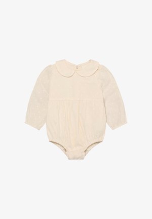 Body para bebé color crema con mangas largas, cuello redondo y patrones de puntos en relieve. Cuenta con aberturas elásticas para las piernas y cierre con botones.