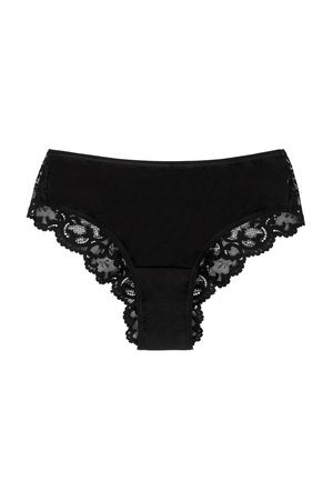 Zwarte bikini-ondergoed voor vrouwen met kanten rand langs de beenopeningen en zijkanten, gemaakt van gladde stof.