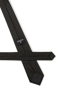 Types de bretelles noires avec un motif texturé et de petits points blancs. Présente des extrémités en cuir et une étiquette avec le logo "Strellson".