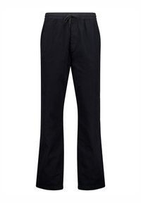 Black, relaxed-fit pants made of soft fabric with an elastic waistband and drawstring. Features straight legs and no visible patterns.