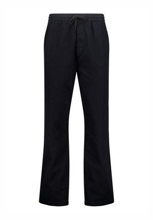 Mustat, rento-mitoitettu housut, jotka on valmistettu pehmeästä kankaasta, jossa on joustava vyötärö ja nyöri. Ominaisuuksiin kuuluu suorat lahkeet ja ei näkyviä kuvioita.