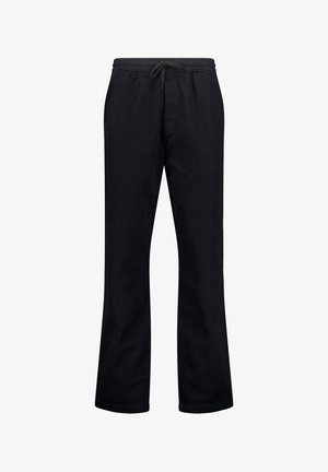 Black, relaxed-fit pants made of soft fabric with an elastic waistband and drawstring. Features straight legs and no visible patterns.
