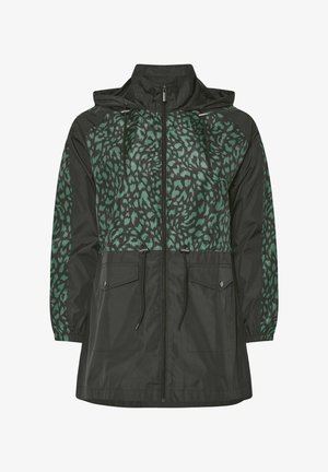 Schwarz-grüner Leopardendruck Windbreaker-Jacke mit Kapuze, verstellbaren Kordeln, zwei Fronttaschen und Reißverschluss.