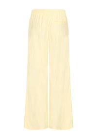 Vue arrière d’un pantalon large jaune pâle avec taille élastique et une poche arrière unique sur le côté droit.