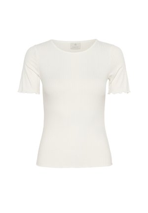 Valge ribadega lühikeste varrukatega pluus, millel on ümmargune kaelus ja sakilised äärised varrukatel, valmistatud pehmest puuvillasegu kangast.