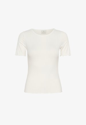 Hvid ribbet kortærmet top med rund hals og bølgede kanter på ærmerne, lavet af et blødt bomuldsblandingsstof.