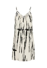 Robe blanche sans manches avec fines bretelles et motif abstrait de coups de pinceau noirs verticaux, coupe ample et encolure en V.