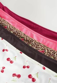 Five pairs of women's underwear: white with cherry print, brown, pink, deep pink, and leopard print. Smooth fabric with elastic bands.