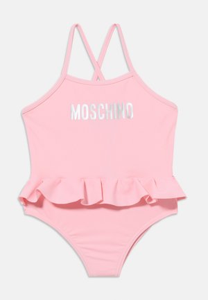Rosa Badeanzug mit überkreuzten Schulterträgern, gerafftem Taillendetail und silbernem "Moschino"-Logo auf der Brust.