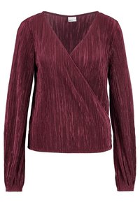 Burgundy long-sleeve top with a V-neck and a textured, pleated design. Features a wrapped front and slightly gathered cuffs.