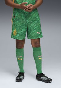 Completo da calcio verde caratterizzato da un design testurizzato e a fantasia. Comprende pantaloni corti verdi con il logo Puma rosa e calze alte coordinate.
