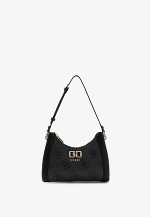 Black Guess shoulder bag with adjustable strap, gold-tone logo hardware, and embossed pattern on textured material.