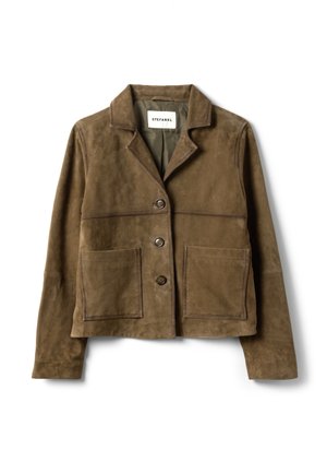 Veste en daim marron à boutons, avec deux poches avant et un col cranté, étiquetée Stefanel.